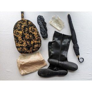 Vintage 50s Rain Tapestry Carrying Case Umbrella Holder Bonnet Galoshes‎ Jacket